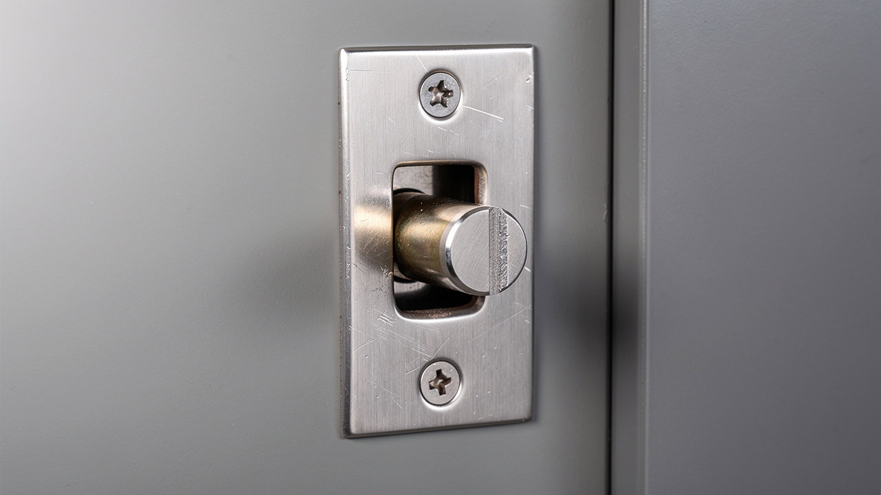 Strike plate and latch mechanism on commercial door