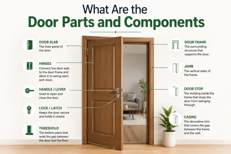 Illustrated diagram showing the main door parts and components, including the door slab, hinges, handle, lock, threshold, door frame, jamb, door stop, and casing with labels and descriptions.