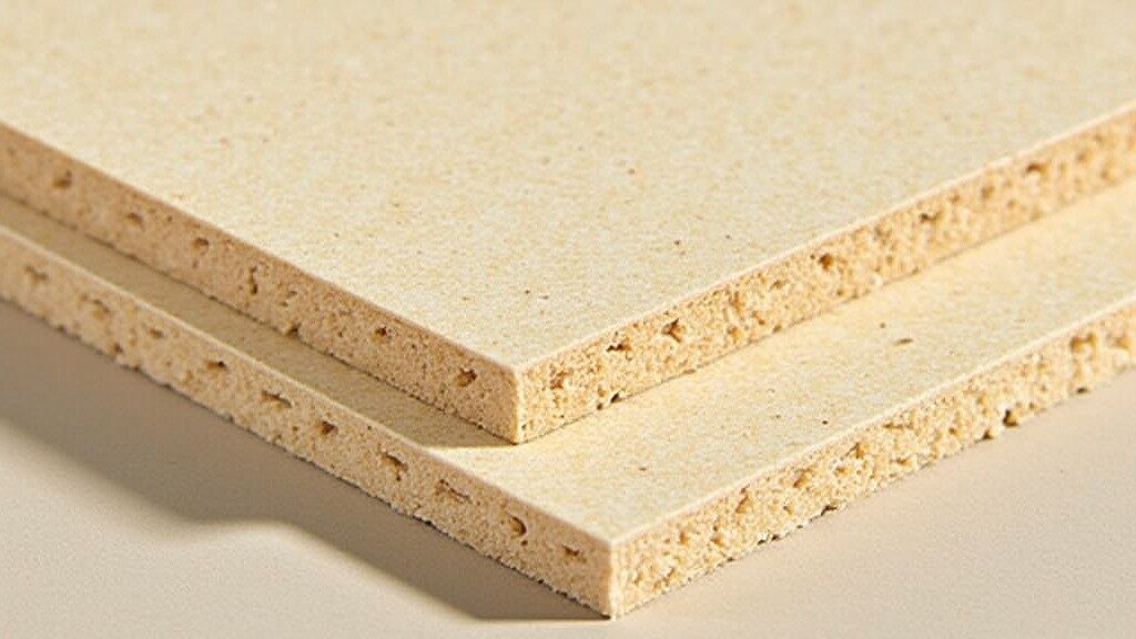Two sheets of MDF particle board are stacked on top of each other. The boards have a speckled surface and visible layers, with a slightly rough texture. The edges reveal the compacted particles inside the board.
