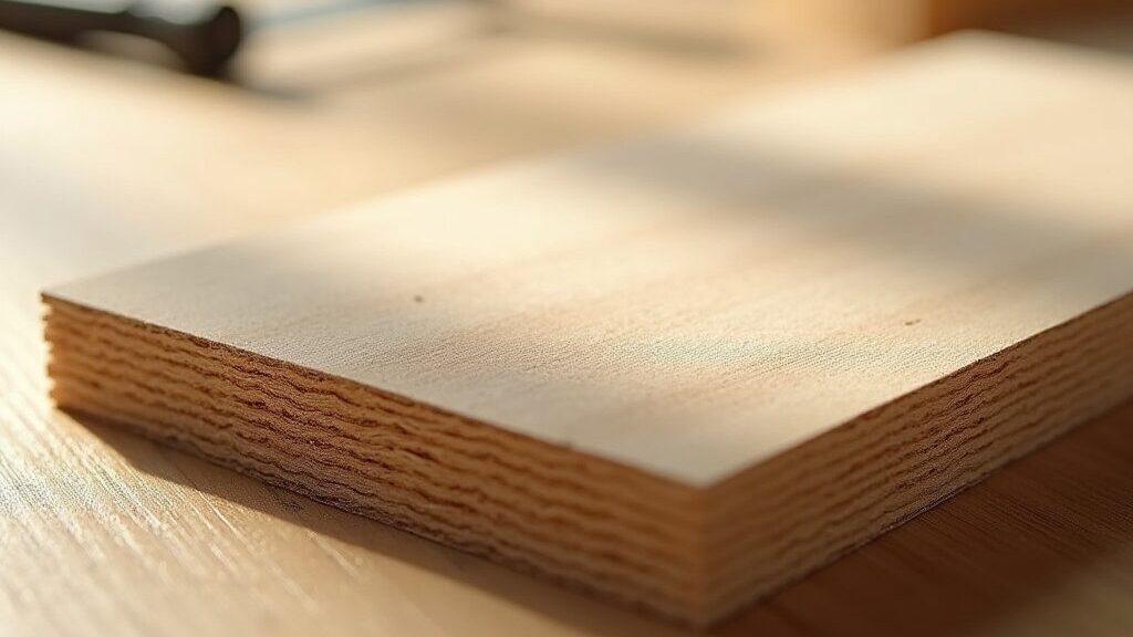 Close-up of a stack of MDF sheets on a wooden surface, with light casting shadows across the layers. A blurred part of a tool is visible in the background.