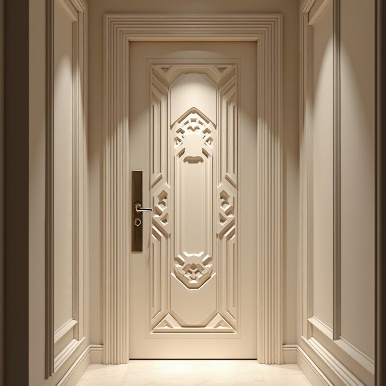 A beige MDF door with intricate geometric carvings is set in an ornate doorframe. The surrounding walls are paneled to match, creating a symmetrical and elegant hallway. The well-lit area highlights the detailed design beautifully.