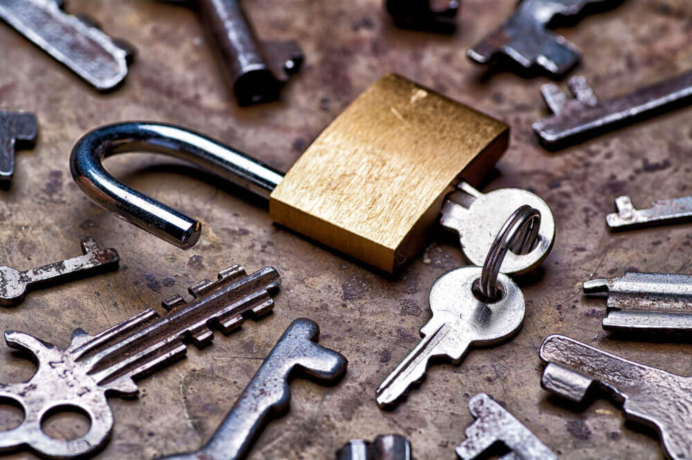 A Door Lock Surrounded By Many Keys