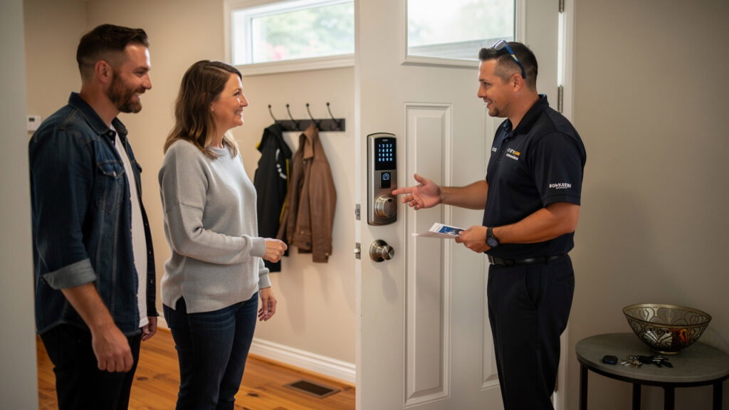 faster locksmith technician biometric lock handoff homeowner