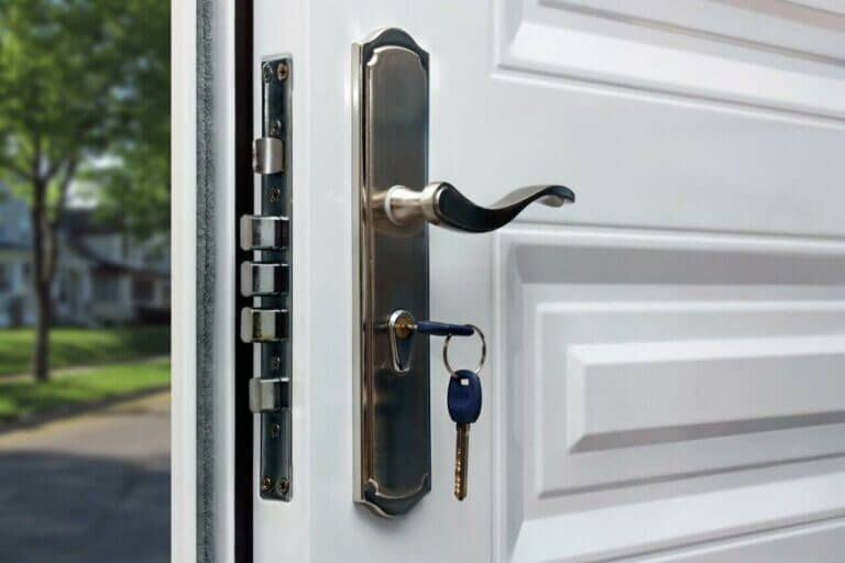 A close-up of a white door slightly ajar with a modern silver door handle and a key inserted in the keyhole. A blue keychain dangles from the key, possibly left by a locksmith. The background shows a blurry green landscape and part of a house.