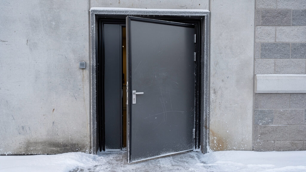 Commercial door with weather-stripping in winter conditions