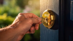 homeowner inserting new key schlage deadbolt front door