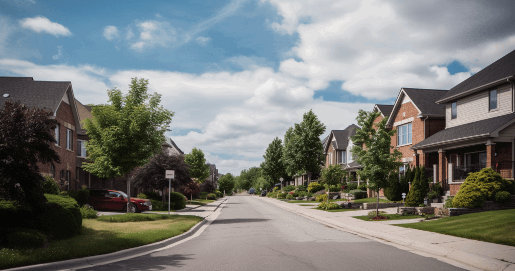 A quiet suburban street with modern two-story houses lined with green lawns and trees under a partly cloudy sky. A red car is parked on the left side of the road near a local locksmith's van. The street is empty, and the neighborhood appears well-maintained.