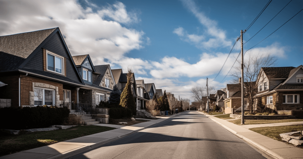 A suburban street featuring a row of similar detached houses with peaked roofs and well-kept front yards. The street is lined with utility poles, while clear skies with some clouds are visible overhead. A local locksmith van is parked discreetly by one house, adding a touch of daily life to the serene scene.
