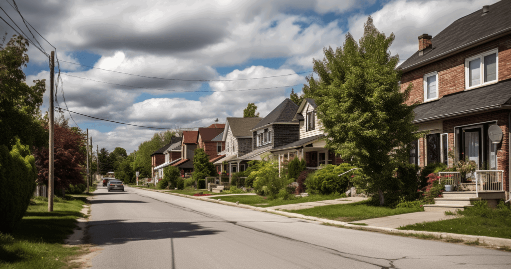 A suburban street with a row of detached houses on the right. Each home has a front porch and garden. A car is parked on the left side of the road. The sky is partly cloudy, and trees line the street.