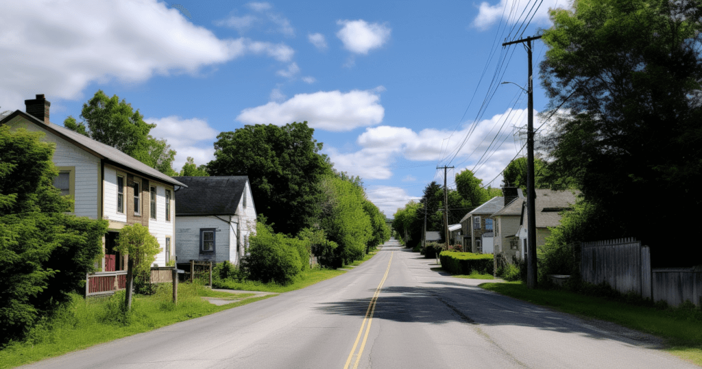 A quiet suburban street stretches into the distance under a blue sky with scattered clouds. Trees and bushes line the road on both sides, and a few houses with varied architecture are visible, along with utility poles and wires. A small locksmith shop stands at the corner, adding to the neighborhood charm.