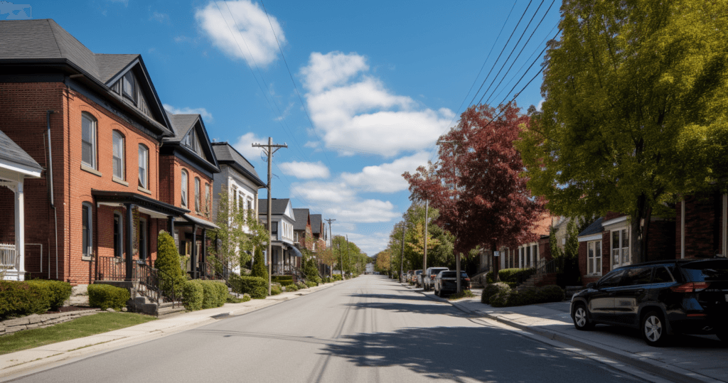 A quiet residential street features a row of two-story houses with gabled roofs and front porches, hinting at cozy family life. Trees line both sides of the street, showing off red and green foliage. Parked cars are visible along the curb, perhaps belonging to neighbors or a visiting locksmith on duty.