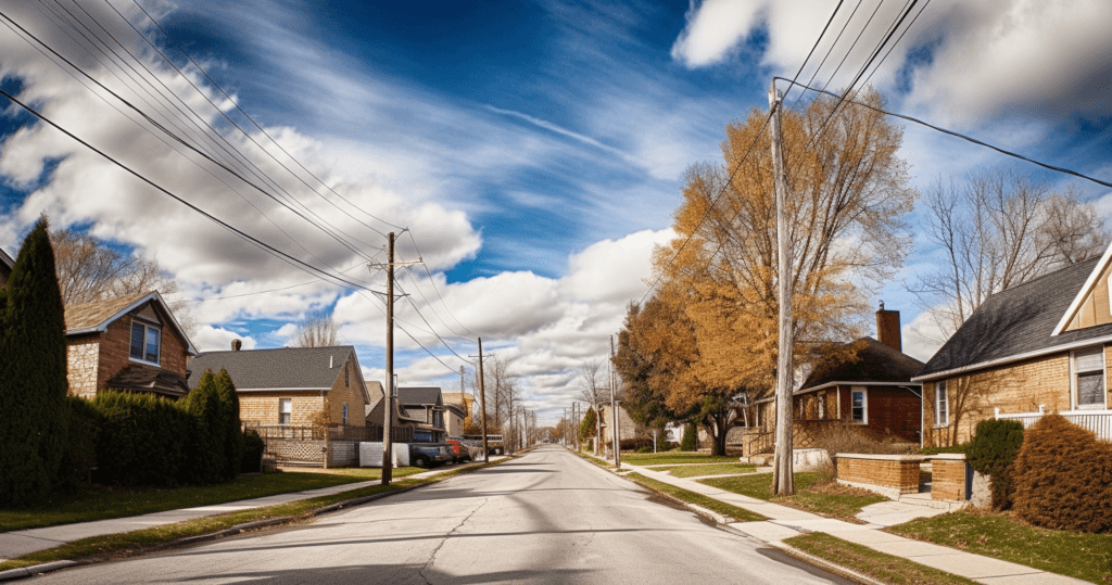 A residential street lined with houses on both sides, the sky partly cloudy. Utility poles and power lines run along the street, where a locksmith's van might be parked by a quiet house. The homes boast trees and greenery in their yards, and the road seems peaceful with no visible vehicles.