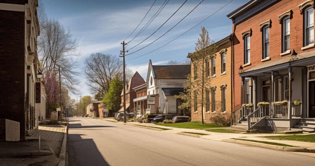 A quiet street in a small town, home to the best locksmith in Georgina, features buildings with varied architectural styles, including brick and wooden houses with front porches. Leafless trees indicate it's either early spring or late fall. The street is empty, with no cars or people visible.