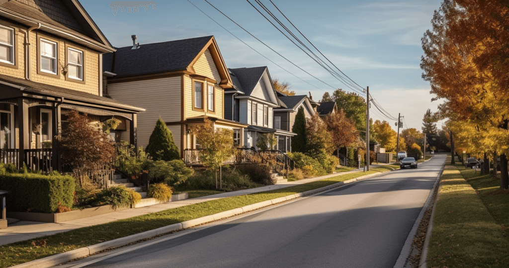 A suburban street with houses on both sides under a partly cloudy sky. The houses are two-story with front porches, well-maintained lawns, and gardens. A car is parked on the right side of the street. Trees with autumn foliage line the road, creating a picturesque setting perfect for finding the best locksmith in Halton Hills.