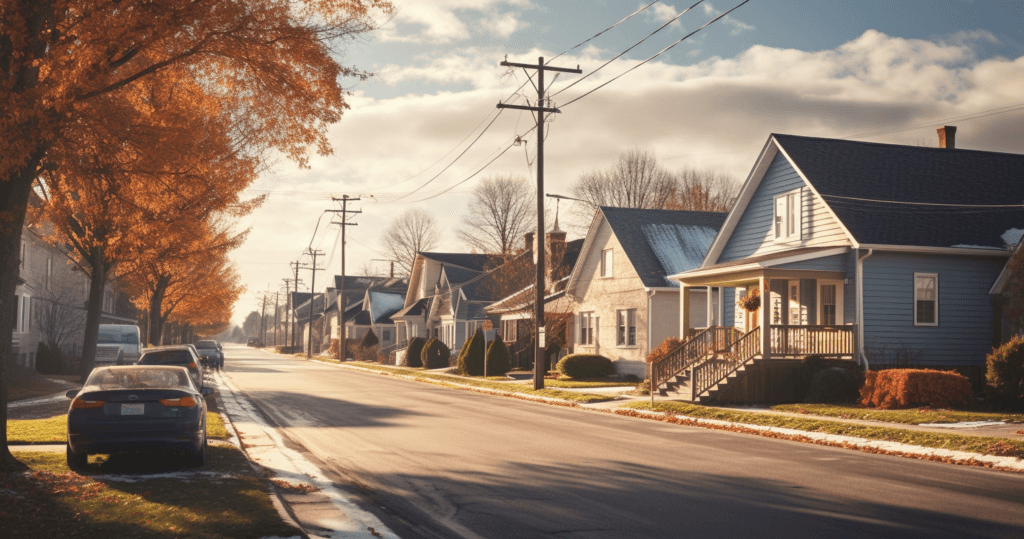 A suburban street with houses on both sides, lined with trees showing autumn foliage. Cars are parked along the roadside, and power lines run above. The sky is partly cloudy, sunlight illuminates the scene, casting long shadows – right outside where you'll find the best locksmith in King.