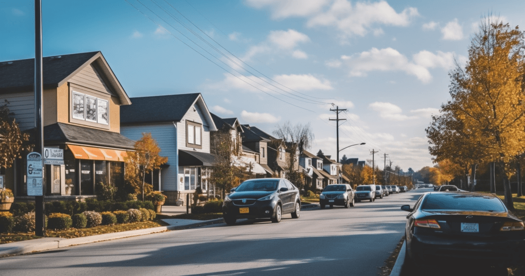 A suburban street lined with modern houses and some trees with autumn foliage. Several cars are parked along the street and a few are driving. The sky is partly cloudy, and power lines run along one side of the road, while a sign points to the best locksmith in Markham just around the corner.