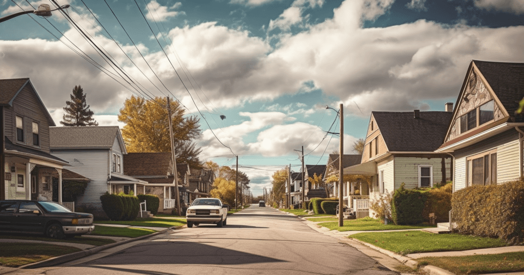 A suburban street with cars parked on both sides, lined with houses featuring front porches and well-kept lawns—the hallmark of a safe neighborhood often serviced by the best locksmith in Milton. The sky above is partly cloudy, and there are power lines running along the street. Trees with autumn foliage are seen in the background.