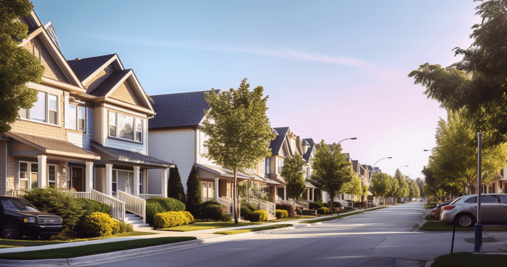 A suburban street lined with modern two-story houses, each boasting a small front garden and driveway. Trees are evenly spaced along the sidewalk, and several cars are parked on the street and driveways. The sky is clear with a faint hue of early evening light, perfect for the best locksmith in Mississauga to be on call.