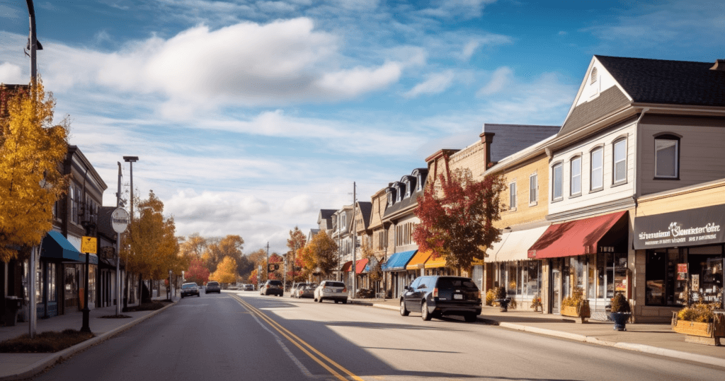 A small-town street lined with various storefronts and awnings on a sunny day, including the best locksmith in Newmarket. Trees with autumn foliage are scattered along the sidewalk. Few cars are parked on the sides of the road, and the sky is partly cloudy.