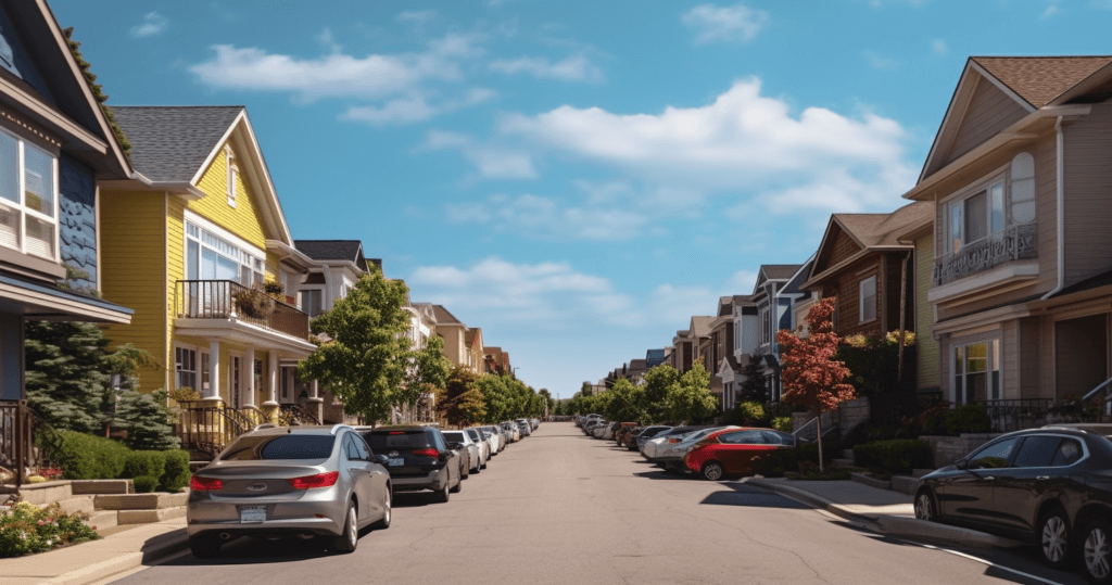 A residential street lined with modern houses on both sides, where the best locksmith in Oakville is just a call away. Cars are parked along the curb, and various trees and shrubs are visible between the houses. The sky is clear with a few clouds, creating a calm and orderly atmosphere.