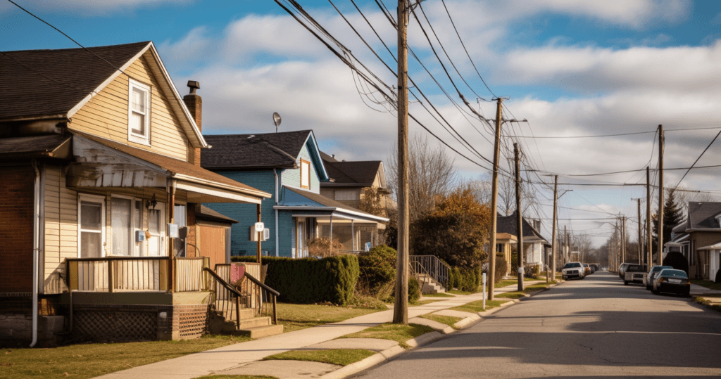 A quiet suburban street with several houses, each with a small front yard. There are utility poles and power lines along the sidewalk. The sky is partly cloudy, and there are some parked cars along the street, including a van from the best locksmith in Oshawa.