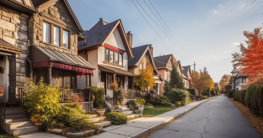 A residential street lined with houses featuring varied architectural styles extends out, each home boasting front gardens adorned with autumn foliage. A narrow road runs alongside the homes, where trees showcase vibrant fall colors under a clear sky. For those in need, the best locksmith in Pickering operates nearby.