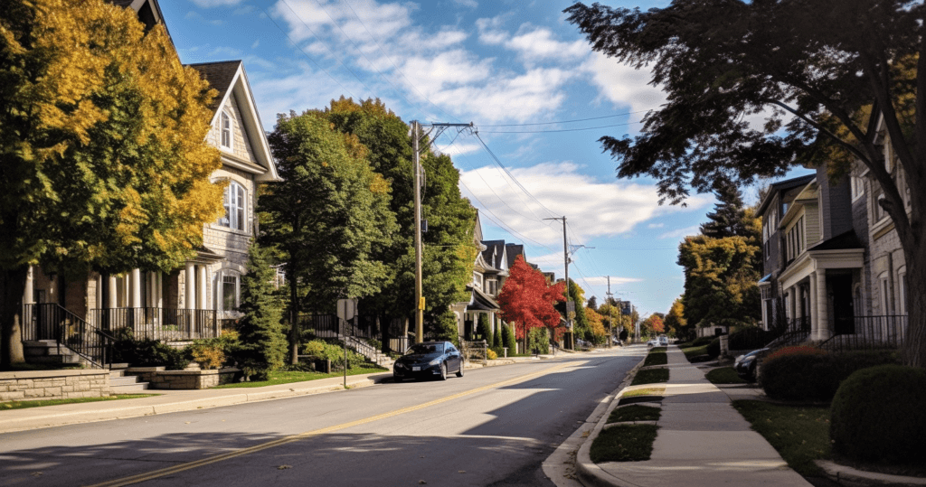 A quiet suburban street in Richmond Hill, lined with houses and trees showing autumn colors. The street is empty except for a parked car on the left side. The sky is partly cloudy, and the trees display a mix of green, yellow, and red leaves—the perfect backdrop for finding the best locksmith in Richmond Hill.