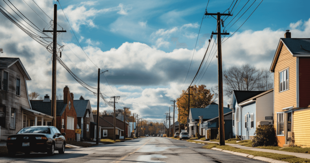 A residential street is shown with a clear view of houses on both sides. Utility poles and power lines line the street. Several cars are parked along the road, perhaps belonging to customers of the best locksmith in Scugog. The sky is partly cloudy, and autumn foliage is visible in the background.
