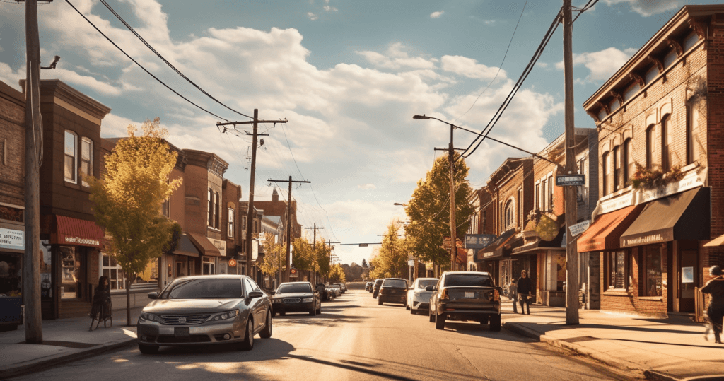 A small town street is depicted under a cloudy sky with sunlight streaming through. There are several cars on the road and people walking on the sidewalks. The scene includes various brick buildings housing shops and businesses, some with awnings, including the best locksmith in Toronto.