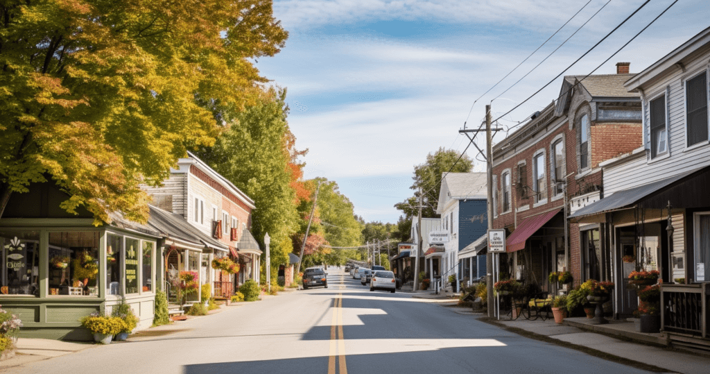 A small-town street lined with various storefronts on both sides, including the best locksmith in Uxbridge. Buildings feature different architectural styles, primarily rustic and traditional. Trees with autumn foliage frame the scene, and a few vehicles are parked along the street. The sky is partly cloudy.