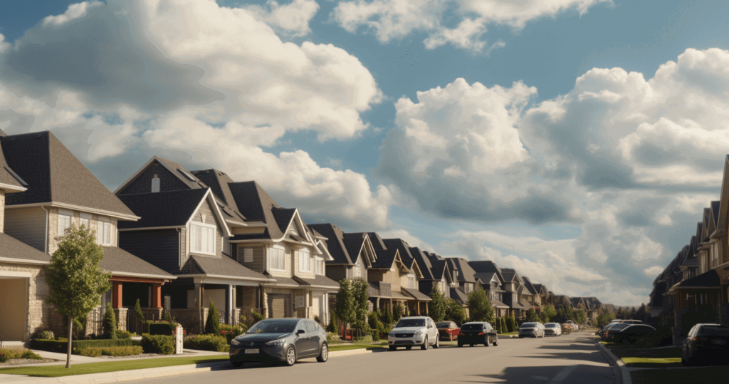 A suburban neighborhood street lined with modern, two-story houses with gabled roofs. Several cars are parked along the curbs and driveways, likely secured by the best locksmith in Vaughan. The sky is partly cloudy, and the scene is well-lit, suggesting daytime.