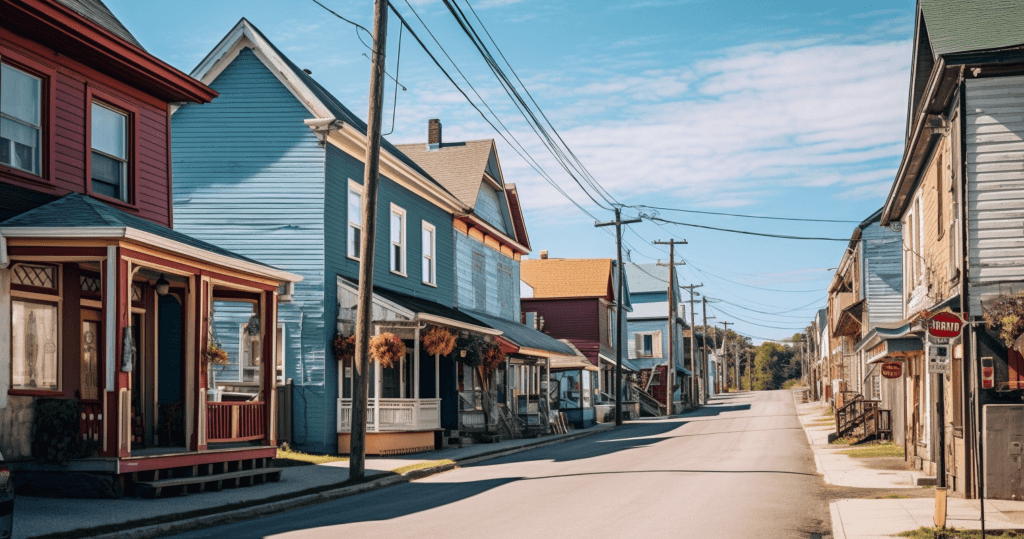 A quiet, small-town street in Whitby, lined with colorful two-story houses on a sunny day. The road is empty, with no cars or people in sight. Power lines run along the street, and the houses have front porches decorated with hanging plants. Nearby, you'll find the best locksmith in Whitby for all your needs.