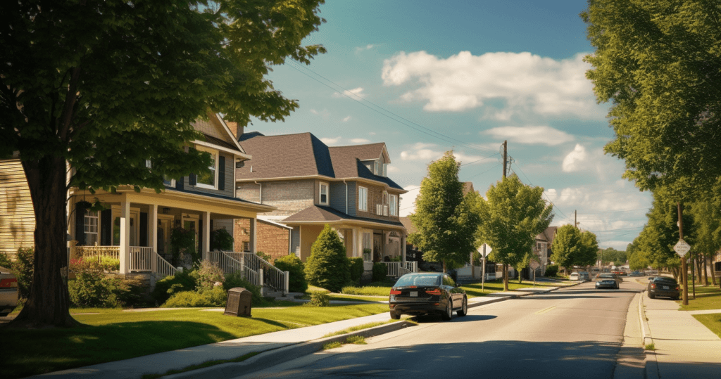 A suburban street lined with trees and a row of houses under a clear blue sky with fluffy clouds. There are parked cars along the curb, well-maintained lawns in front of the houses, and a sidewalk on both sides of the street. Just around the corner, you'll find the best locksmith in Whitchurch-Stouffville.