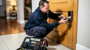 professional locksmith installing smart lock residential door